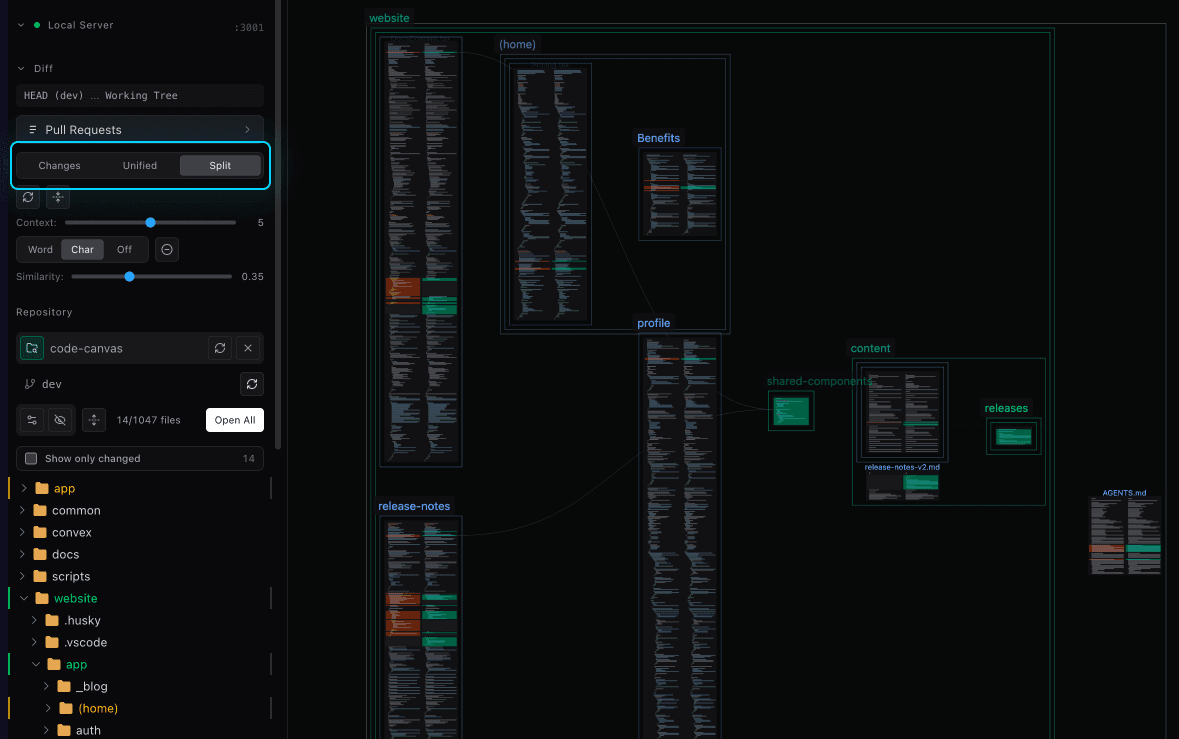 Split diff view on the canvas