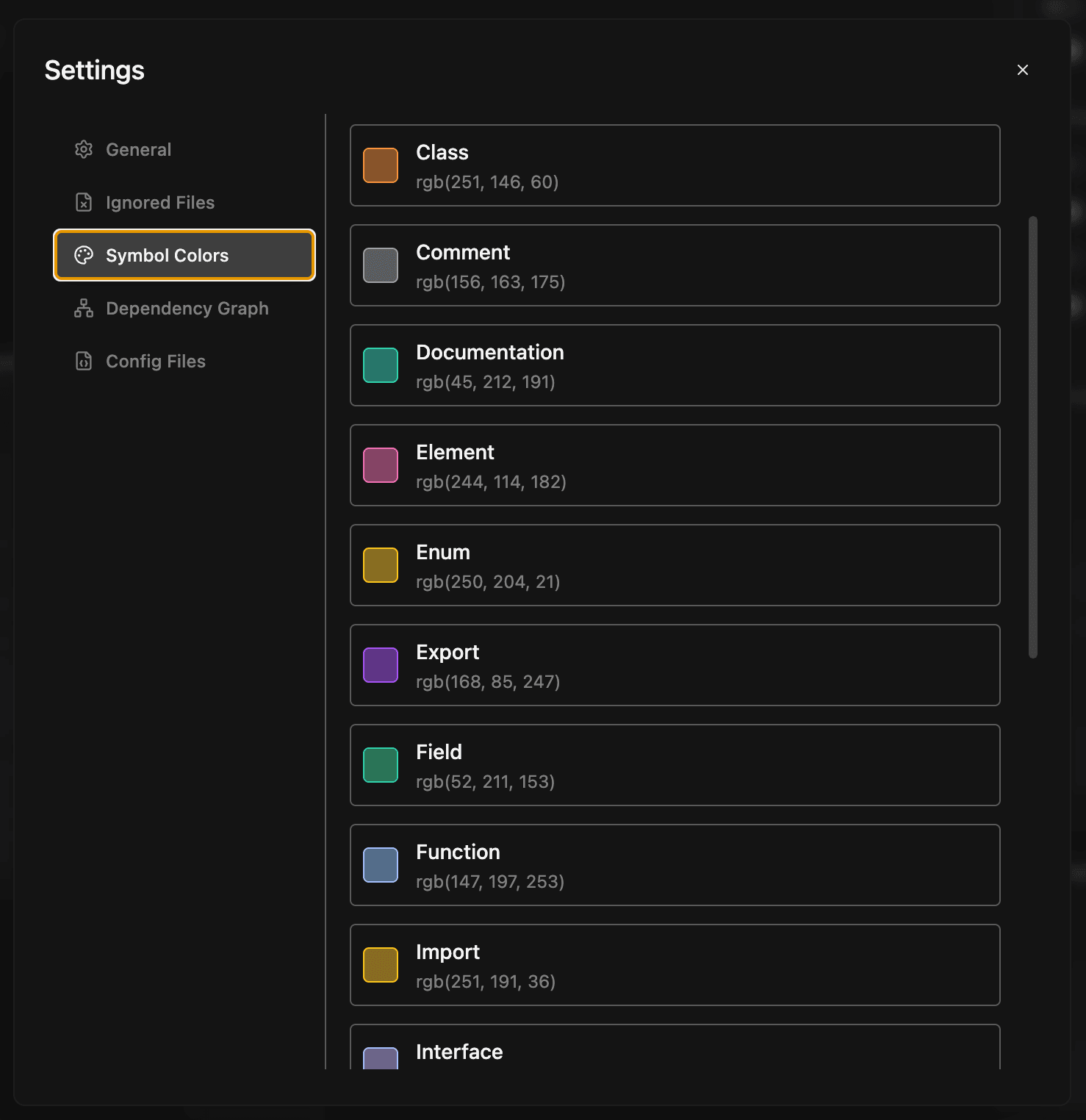 Symbol colors configuration